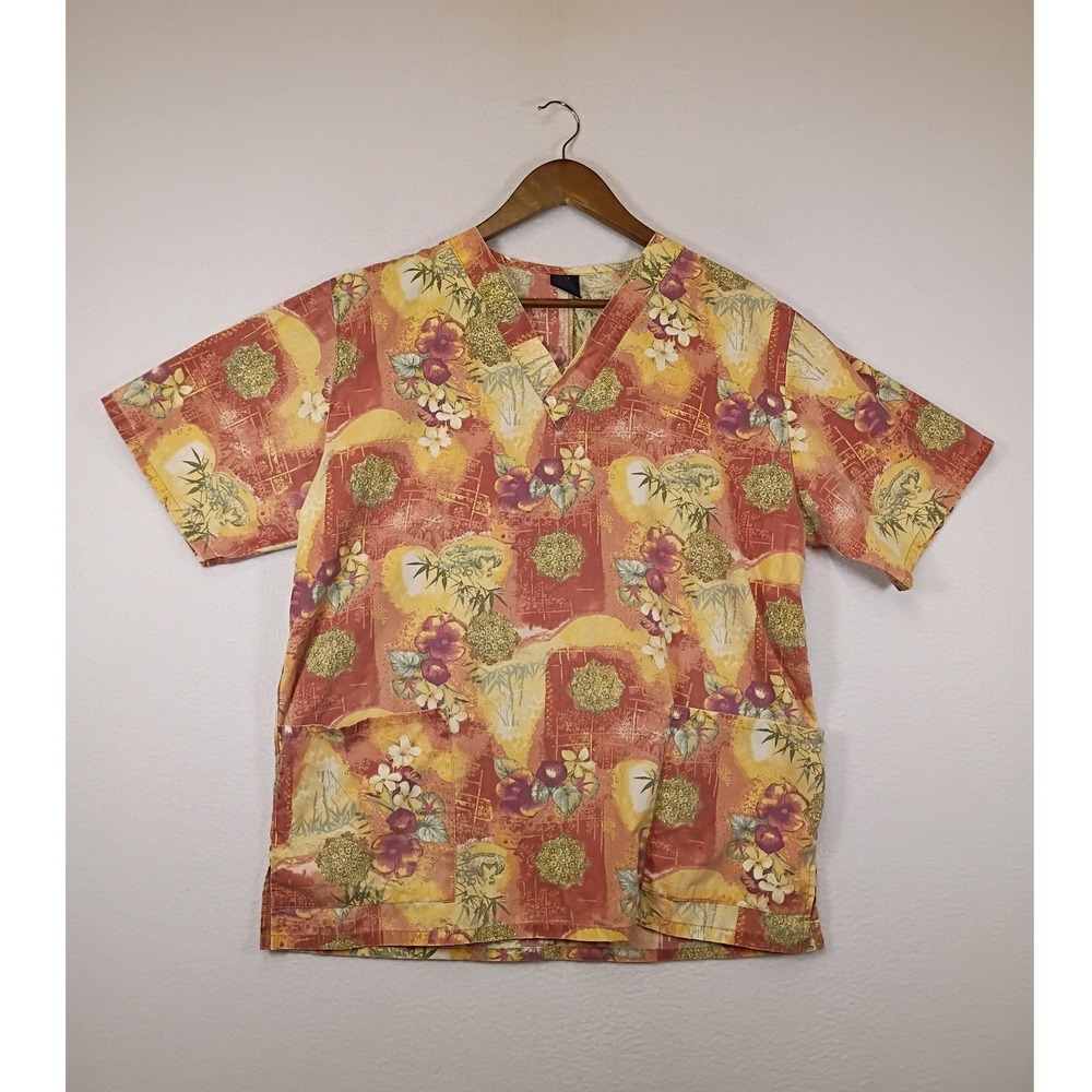 Tropical Floral Barco Uniforms Scrub Top XL Orange V-Neck Short Sleeve Pocket